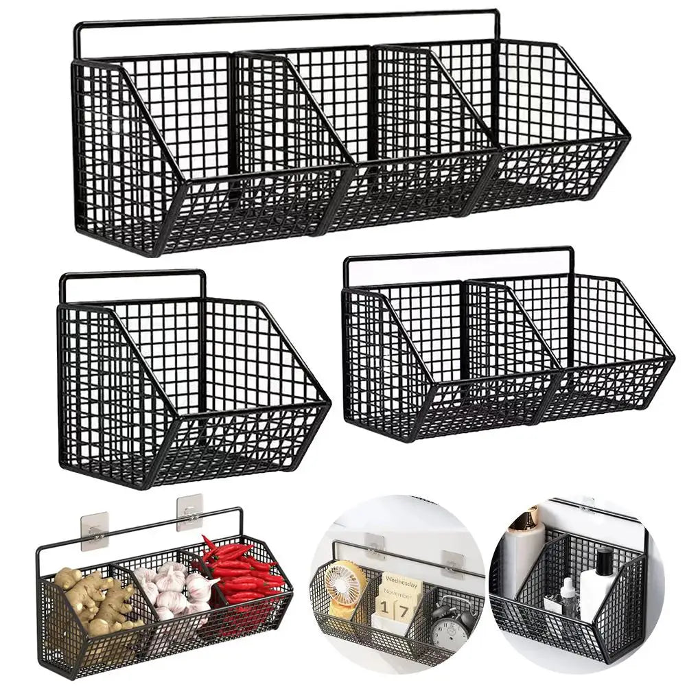 Wall-Mounted Kitchen Storage Basket - Perforation-Free Iron Rack Black