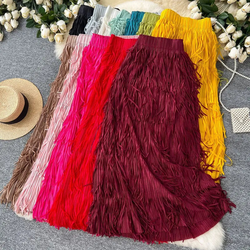 New In 2026 Spring Summer Tassel Midi Long Skirt For Women Trendy High Waist Streetwear Casual Skirts