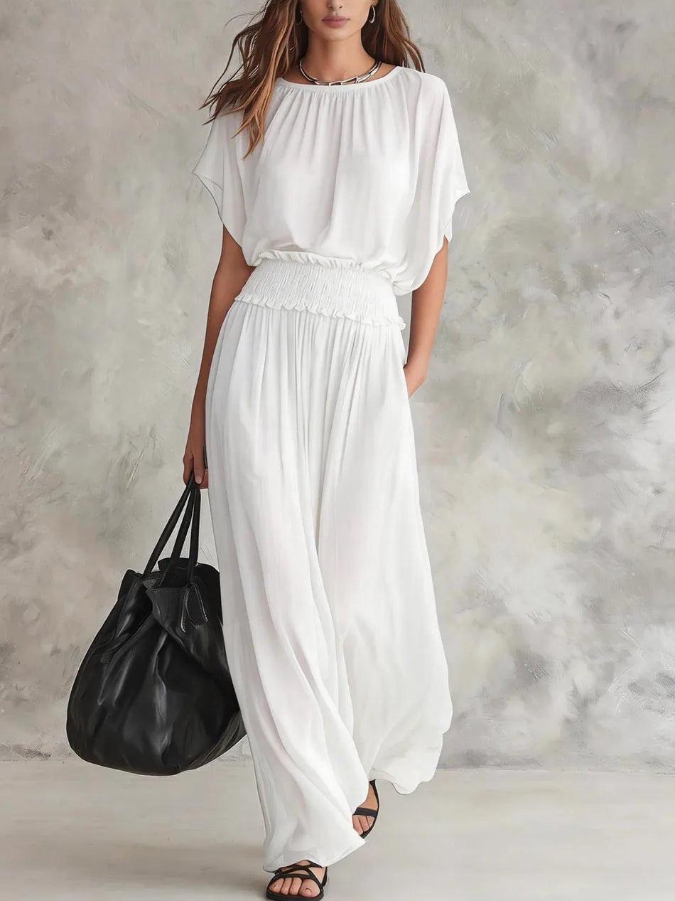 Elegant High-Waisted Loose Dress for Women Summer Fashionable Casual O-Neck Batwing Short Sleeve Waist-Cinching Elegant Women's