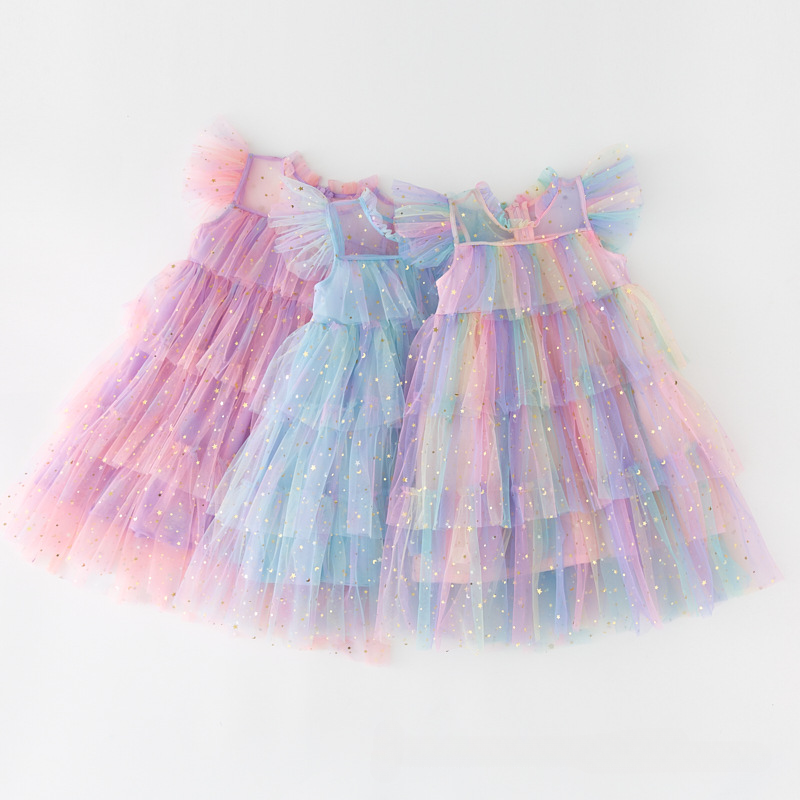 Girls Rainbow layered Dress Birthday Dress Teens Girl Clothes Summer Sequined Princess Mesh Tutu Dresses Kid Party Costume