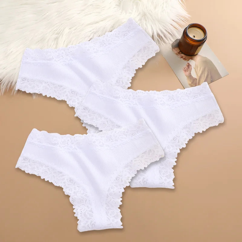 Women Cotton Panties Set 3 Pieces Floral Lace Patchwork Briefs Breathable Soft Underwear Size S XL