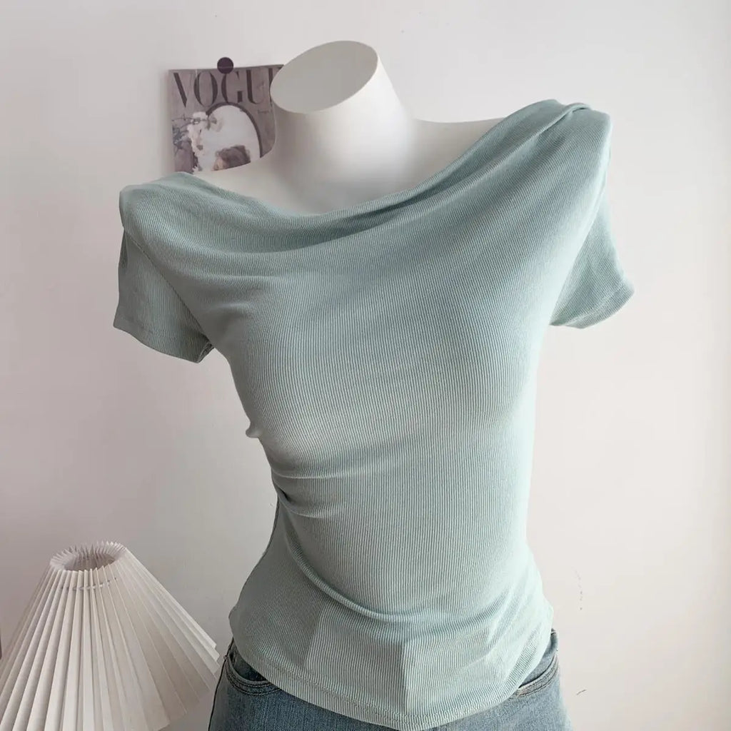 Summer Short Sleeve T-Shirt Shoulder Bared Open Neck Irregular Pleated Korean Style Slim Fit Pure Color Modal Fabric Ladies Top
