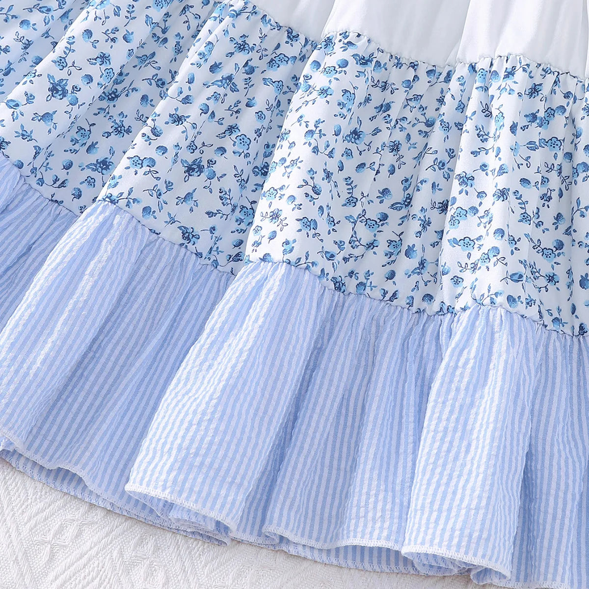 2Pcs/Set Summer Girls' Dress with Striped Small Floral Patchwork Design Dress+Mini Bag Set, Fashion Dress for Girls 2-7 Years