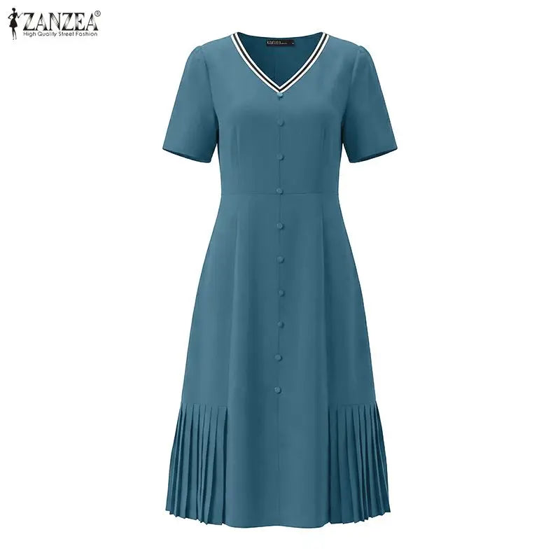 2026 ZANZEA Women Summer Sundress Patchwork Dress Elegant V Neck Short Sleeve Work Dresses Buttons Up Midi Robe Pleated Vestidos