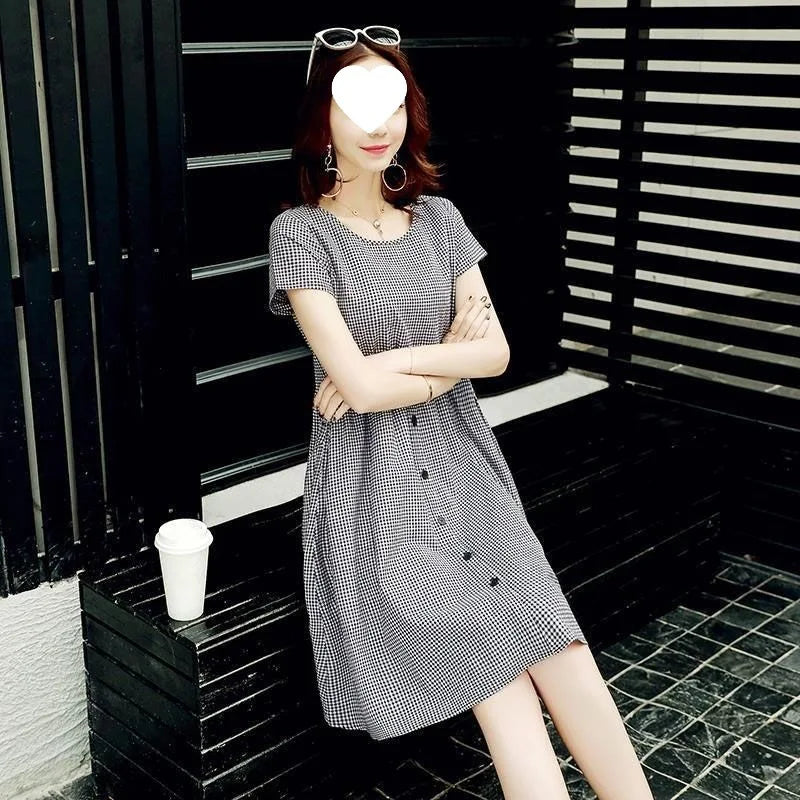 Black And White Plaid Summer Shirt Dress Women's Mid-Length Casual Outerwear Large Size Slimming Dress Artistic Retro Style