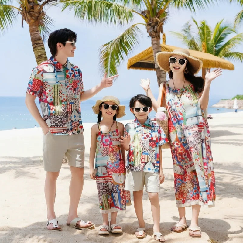 Vacation Family Matching Outfit Beach Holiday Mother‑Daughter Spaghetti Strap Dress Father‑Son Shirt Shorts Sets Couple Clothes