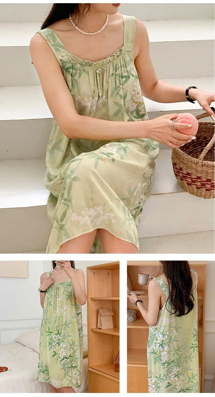 Korean Version of the Girl Sweet Summer Halter Nightgown Female Bowknot Full Print Sleeveless Loose Floral Sundress Home Dress