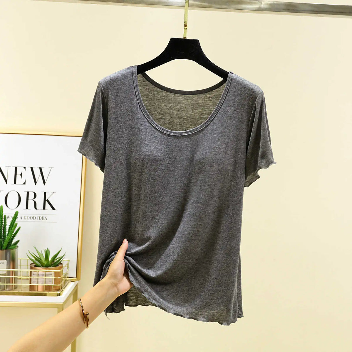 Modal No- Bra T-Shirt One-Piece Short Sleeve Women Summer Wear Casual Solid Color Base Layer Outdoor Wear round Neck T-Shirt