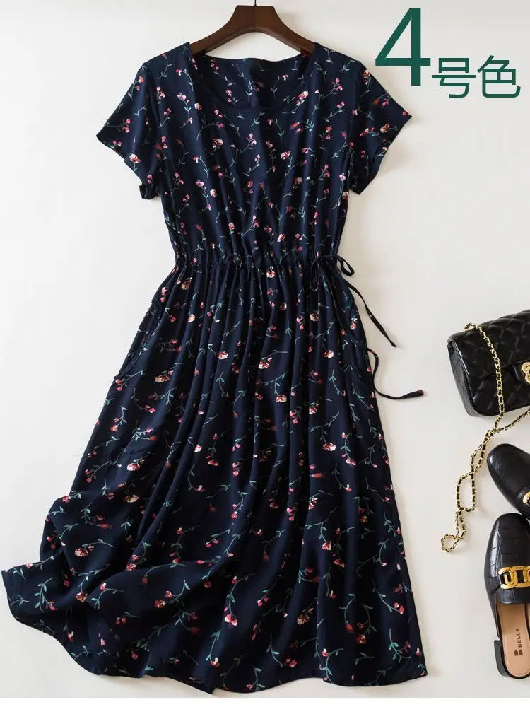 Cotton Silk Dress Women's Short Sleeved 2026 Summer New Ladies Slim Round Neck Temperament Beach Print Dresses
