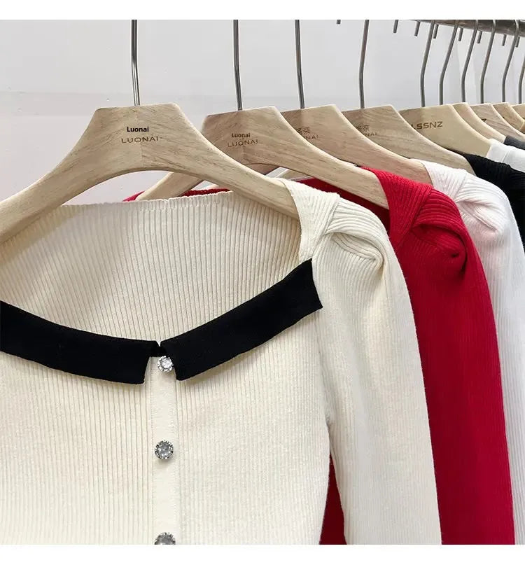 Women's Knitted Short Sweater Square Collar Base Shirt Color Collision Design Sensation Autumn Winter Special Edition Top