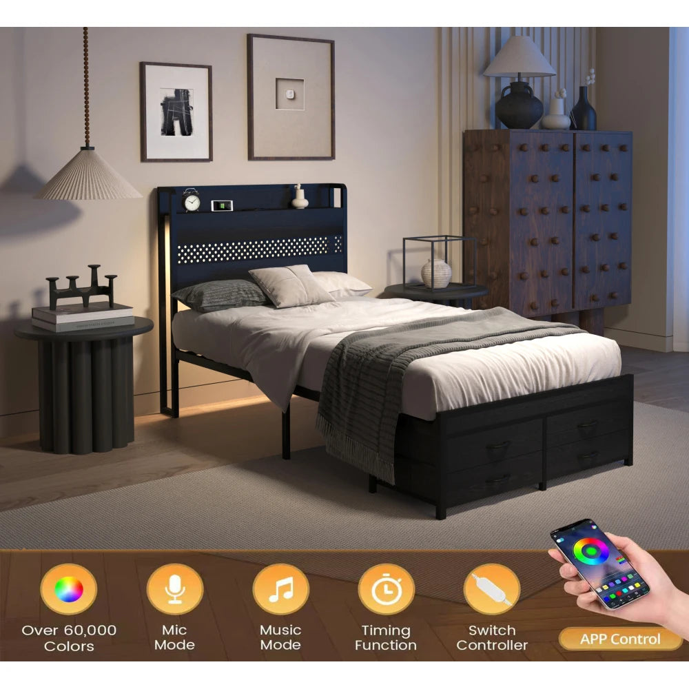 Orraves Twin Bed Frames with Headboard, Twin Size Bed Frames with Storage Drawers, Twin Bed, Black Metal Platform Bed Frame, Single Bed Frame, No Box Spring Needed