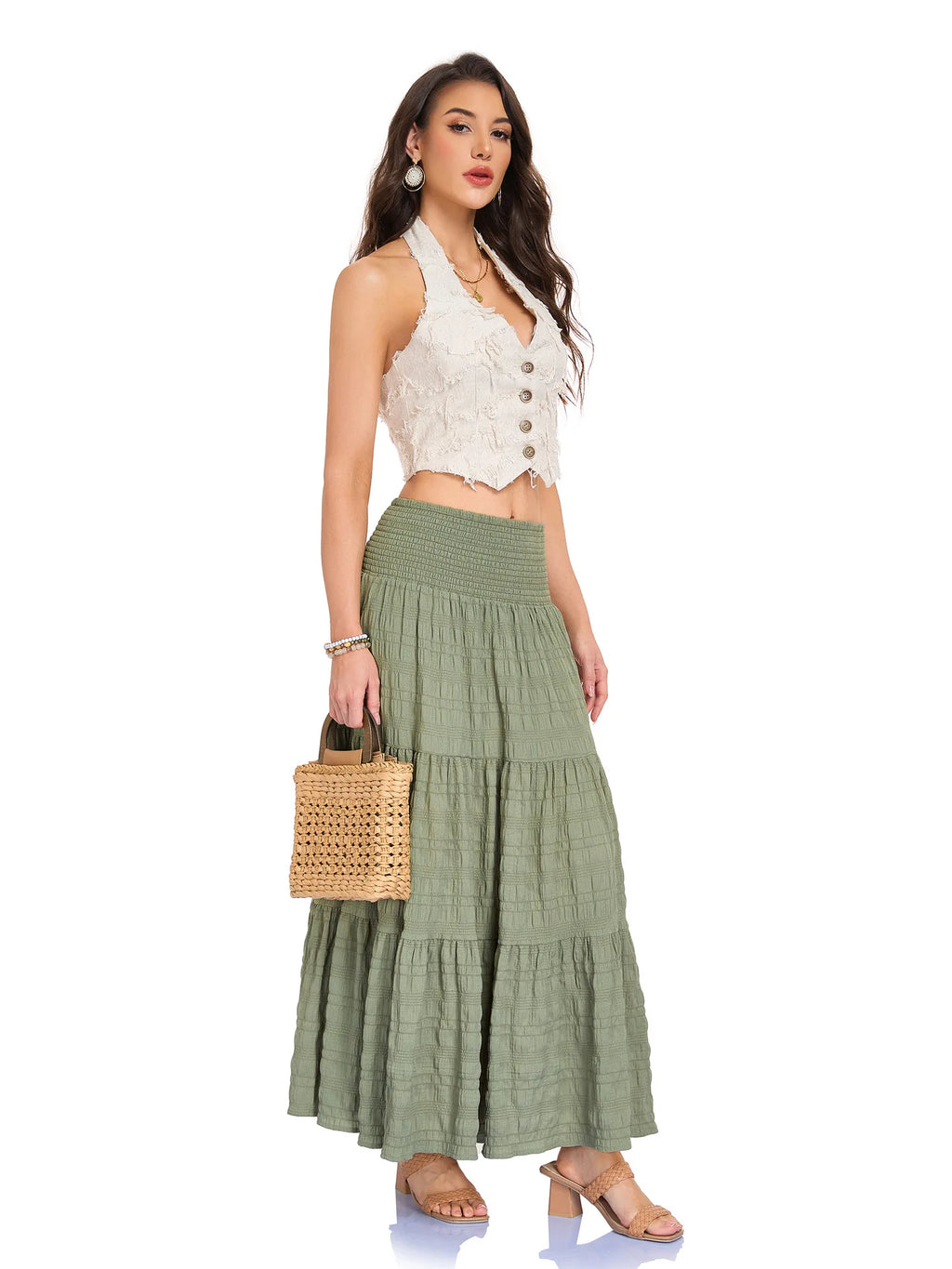 New In 2026 Women's Spring Summer Casual Long Skirts Female Elasticity High Waist Solid Color Maxi Skirt