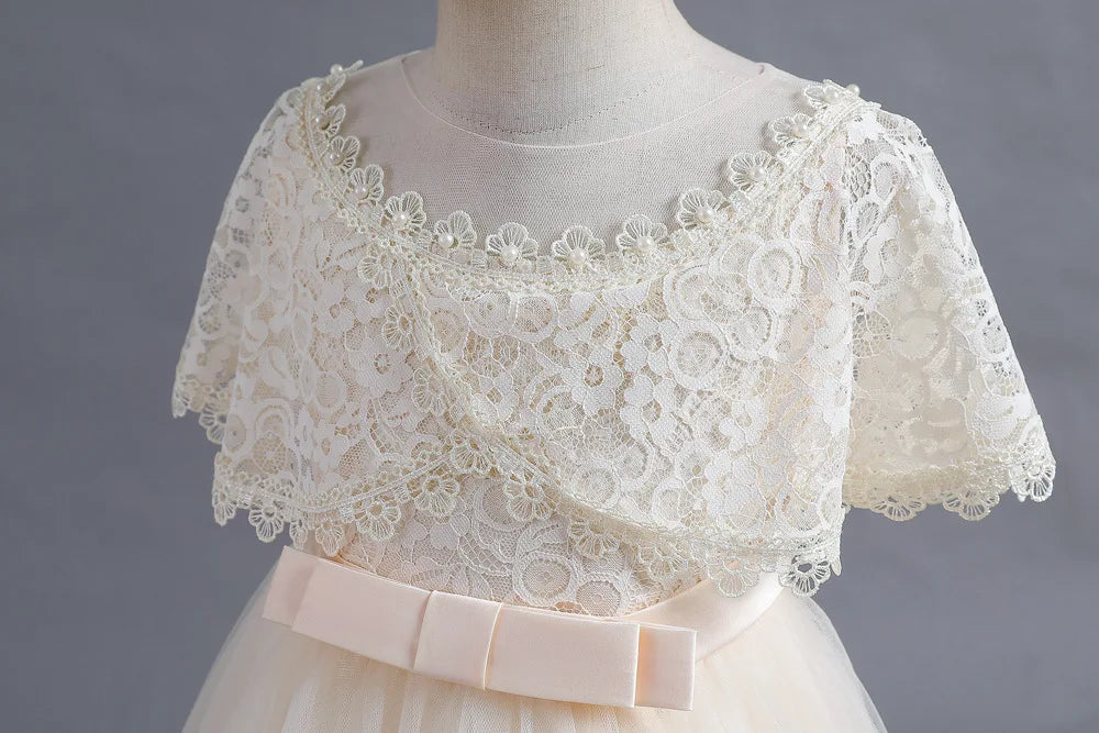 Criss-Cross Lace Girl Bridesmaid Dresses For Christmas White Kid's Party Dress Beading Tulle Children's Ceremony Evening Frocks