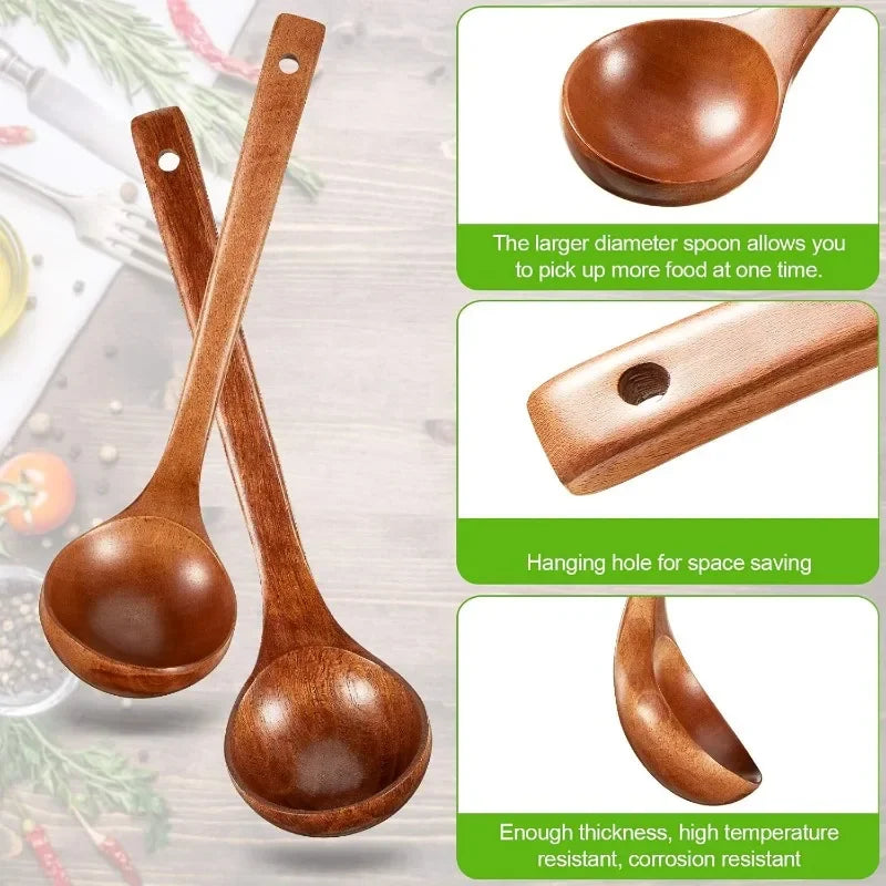 Large Wooden Soup Spoons Long Handle Heat-resistant Rice Scoops Portable Hanging Cookware Home Kitchen Restaurant Cooking Tools