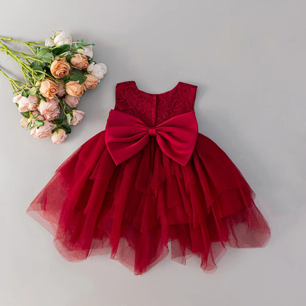 HETISO Red Lace Baby Dresses Christening Gown for Kids Princess Bowknot Toddler Girl Clothes Newborn Things 0-2Y
