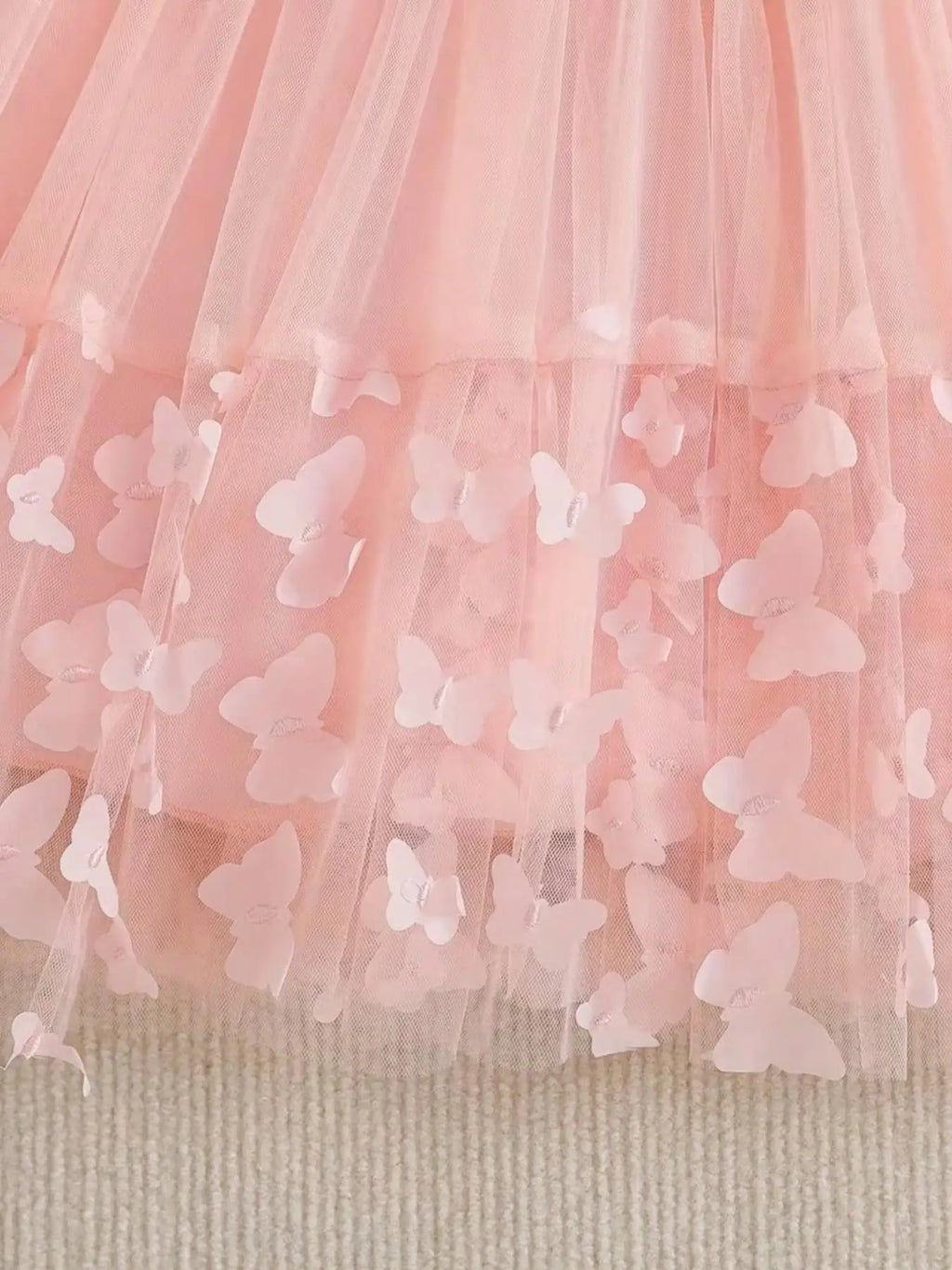 Little Girl Romantic Style Tulle Tutu Dress with Ribbed Bodice Ruffle Neck Waist Bow 3D Butterfly Mesh Skirt for Photoshoot
