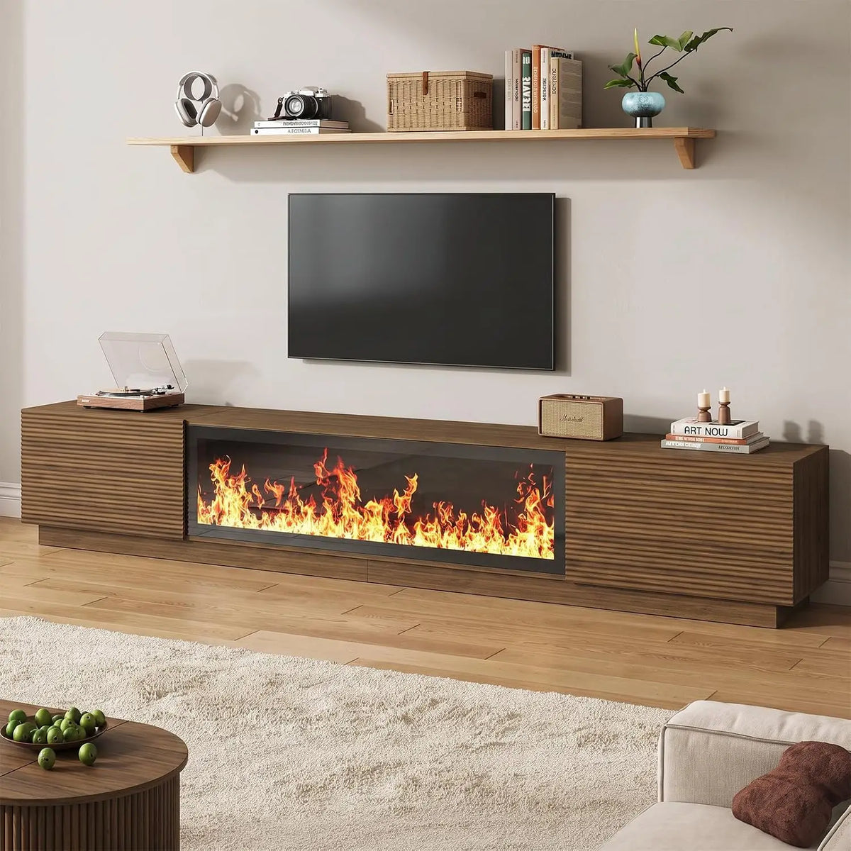 94.5" Fluted TV Stand with Electric Fireplace - Modern Natural Wood