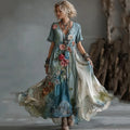 Elegant Flower Print Waist Big Swing Long Dress Women Deep V-neck Draped Dress Casual Fashion Short Sleeve Party Dresses