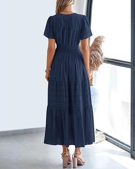 Summer Solid Color V-neck Tight Waist Dress French Style Elegant Pleated Large Swing Long Dress Casual Vacation Style Slimming M