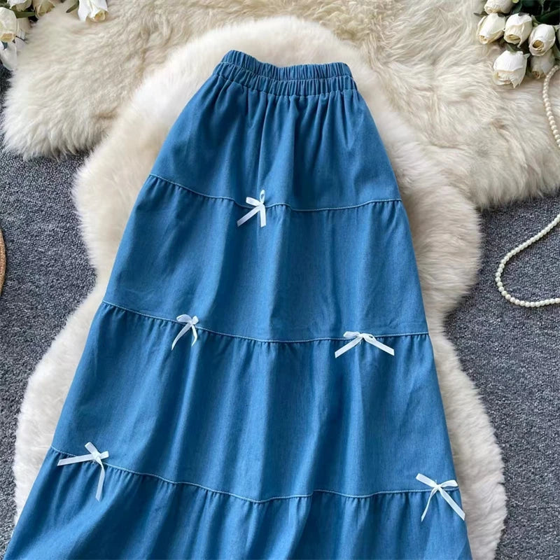 Karofi Vintage Cotton Layered Denim Skirt Women Elastic High Waist Bow Detail Flowy Long Casual A Line Long Midi Skirt