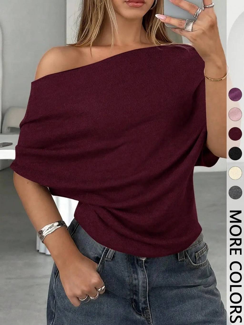 Women's Fashion Sexy Hot Girl One Shoulder T-Shirt 2026 Summer New Slim Bat Sleeve Solid Color Versatile Top T-Shirt Female