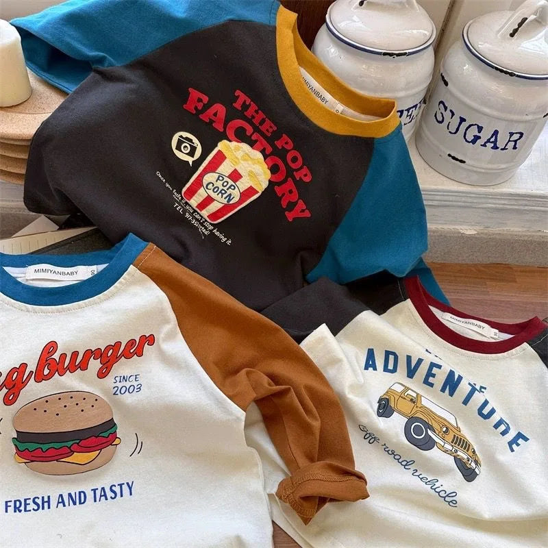 Boys Cartoon Print Cotton T-Shirt - Long Sleeve Raglan Toddler Top