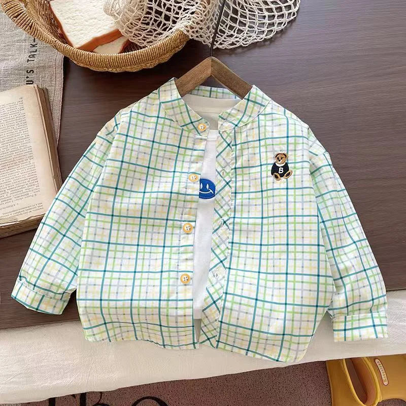 Ienens Kids Plaid Long Sleeve Shirt - Cotton Blend, Unisex