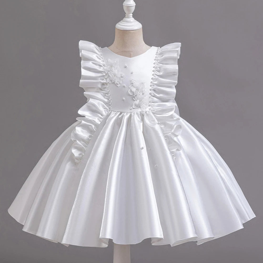 HETISO 1-6 Years Girl Princess Dress Ruffle Sleeve Kids Puffy Satin Dresses Children's Ball Gown for Birthday Holiday New Year