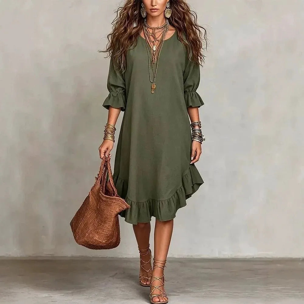 Retro Solid Summer Women's Dress Fashion Casual V-Neck Irregular lotus leaf edges Midi Dress Loose Simple Elegant Party Dress