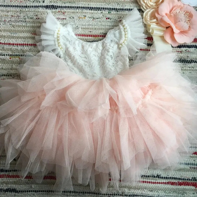 Flower Girl Lace Tulle Dress Elegant Princess Weddings Birthday Party Costumes for 3m To 7y Girls Baptism Festival Ball Gown