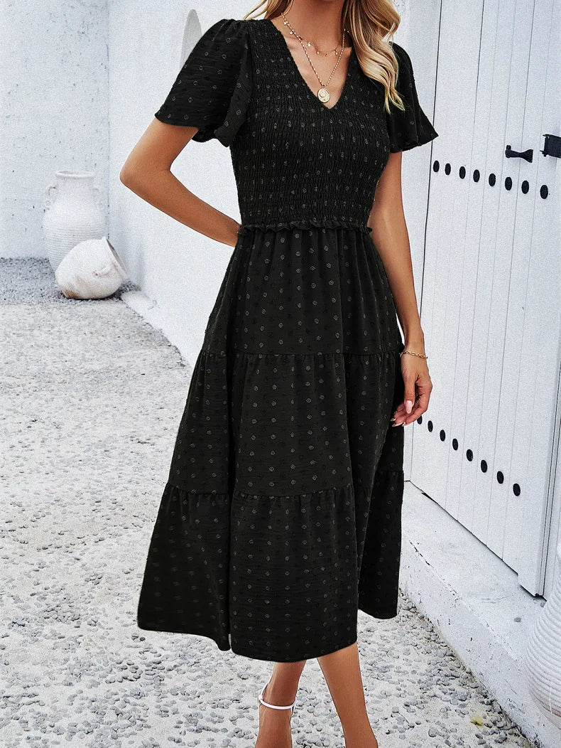Summer Women's Casual Polka Dot Long Dress Vacation Boho Short Sleeve Solid V-neck Beach Sundress Elastic Waist Midi Dresses