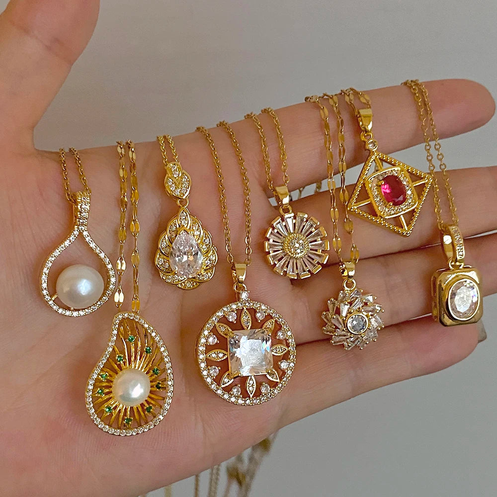 Elegant Zircon Pearl Waterdrop Flower Copper Pendant Necklace Gold Plated Stainless Steel Chain Charms Necklaces Jewelry Gifts
