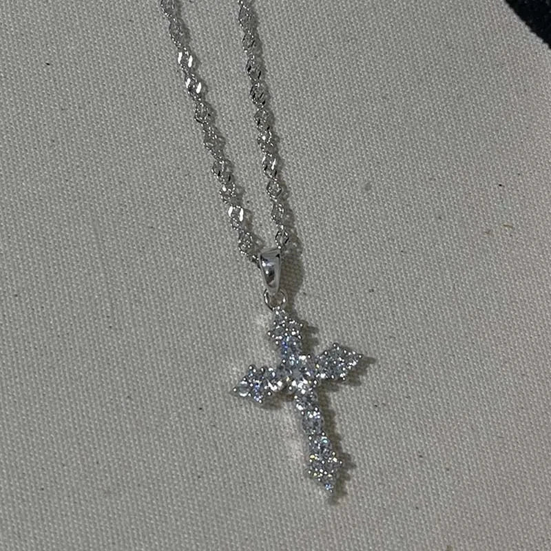 Shiny Crystal Zircon Cross Pendant Necklace For Women'S Girls Punk Silver Color Thin Chain Necklace Jewelry Birthday