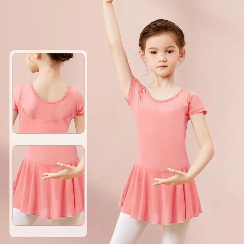 Girls Ballet Leotard Dress – Mesh Splice Short Sleeve Chiffon Skirted Dance Costume