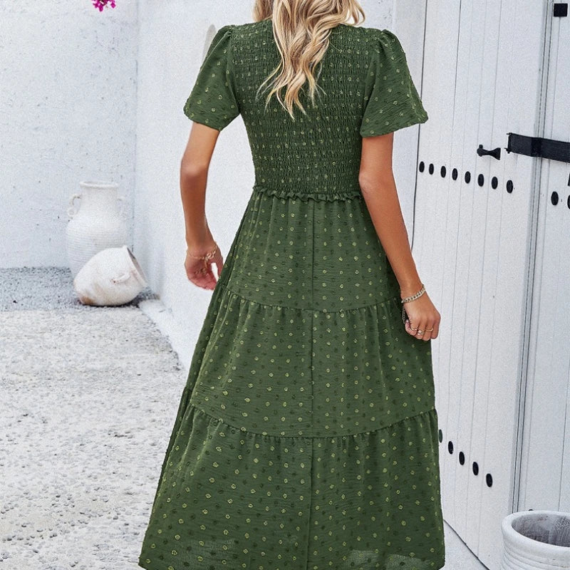 Summer Women's Casual Polka Dot Long Dress Vacation Boho Short Sleeve Solid V-neck Beach Sundress Elastic Waist Midi Dresses