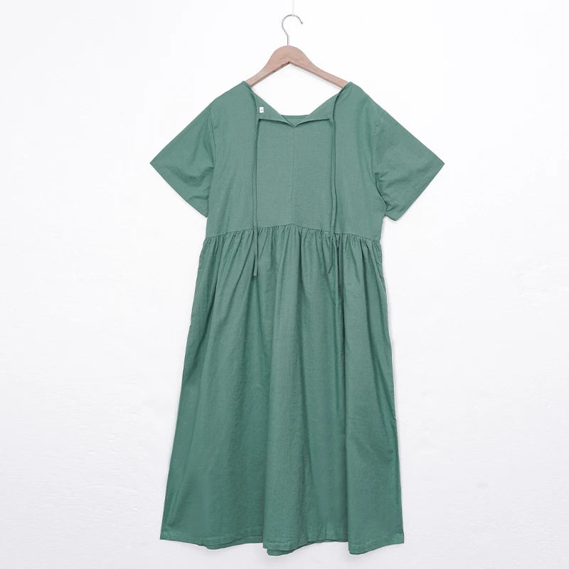 Women Cotton Linen Midi Dresses Summer Chic Female Vestidos Loose A-Line Dress Short Puffy Sleeve Casual Sundress