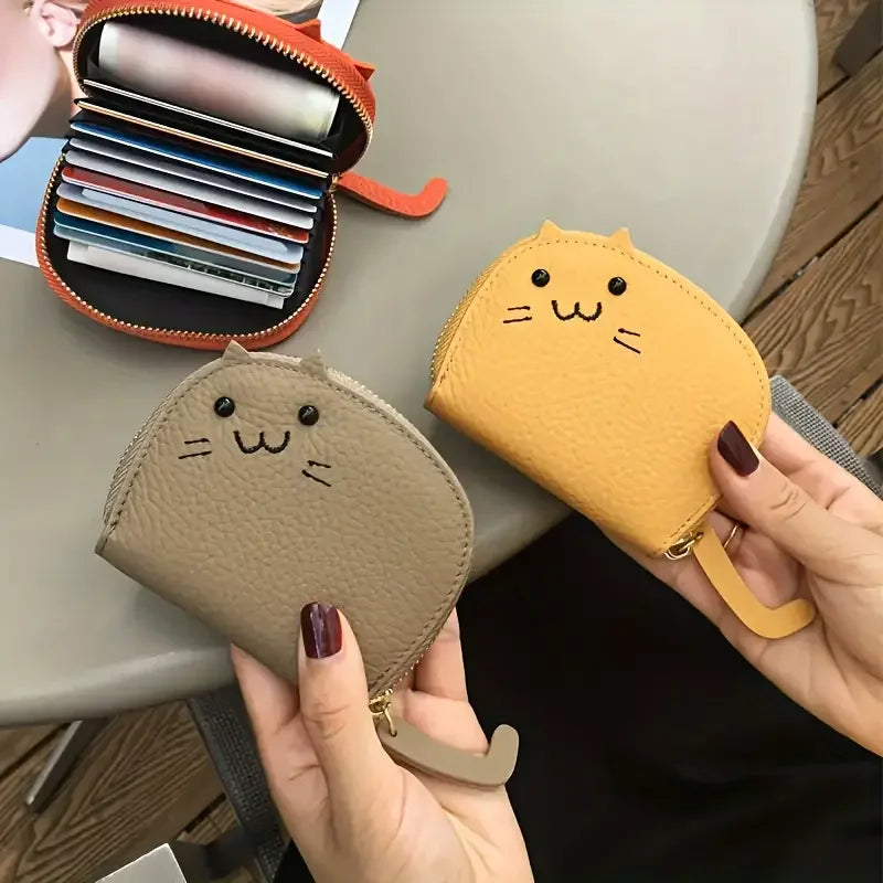 Cartoon Cat Mini Card Wallet Solid Color PU Leather Coin Key Storage Bag Creative ID Card Holder Anti-degaussing Case
