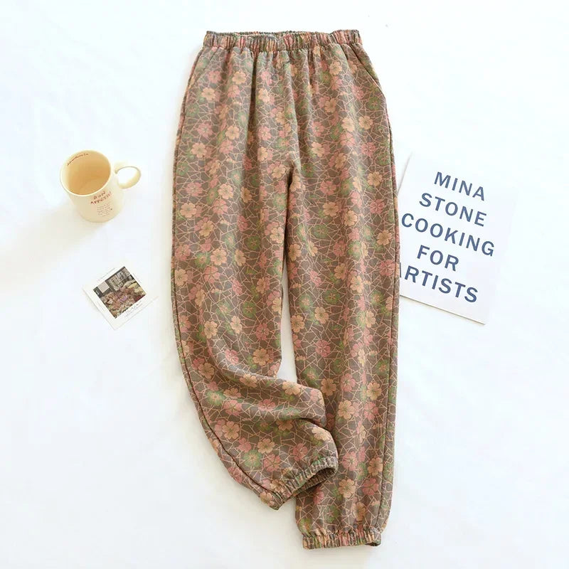 2026 New Spring Summer Women's Pajamas 100% Cotton Crepe Pants Women's Comfortable Loose Large Leaf Home Pants Thin Bottoms