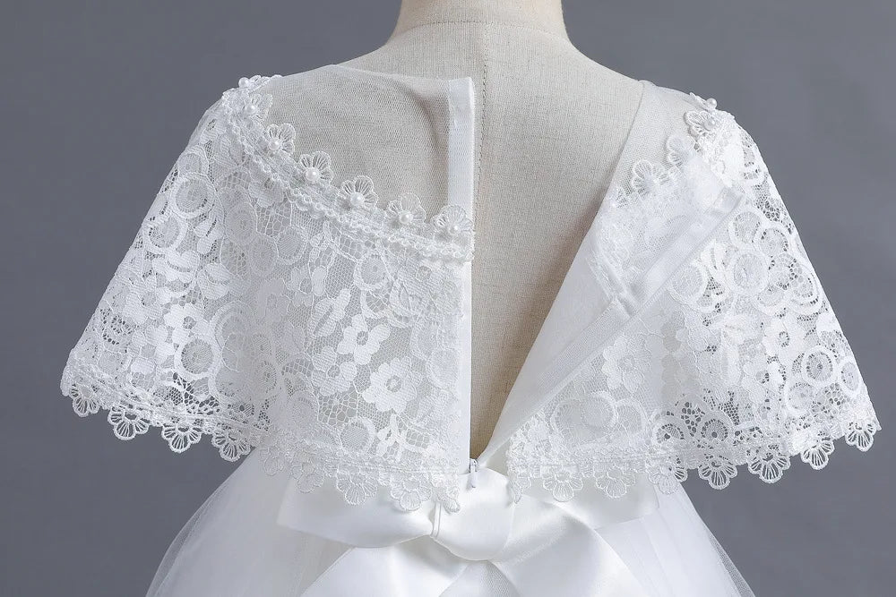 Criss-Cross Lace Girl Bridesmaid Dresses For Christmas White Kid's Party Dress Beading Tulle Children's Ceremony Evening Frocks