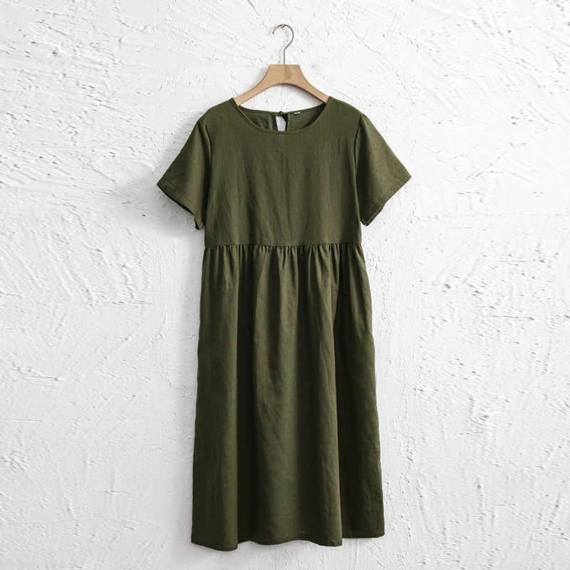 Women Cotton Linen Midi Dresses Summer Chic Female Vestidos Loose A-Line Dress Short Puffy Sleeve Casual Sundress