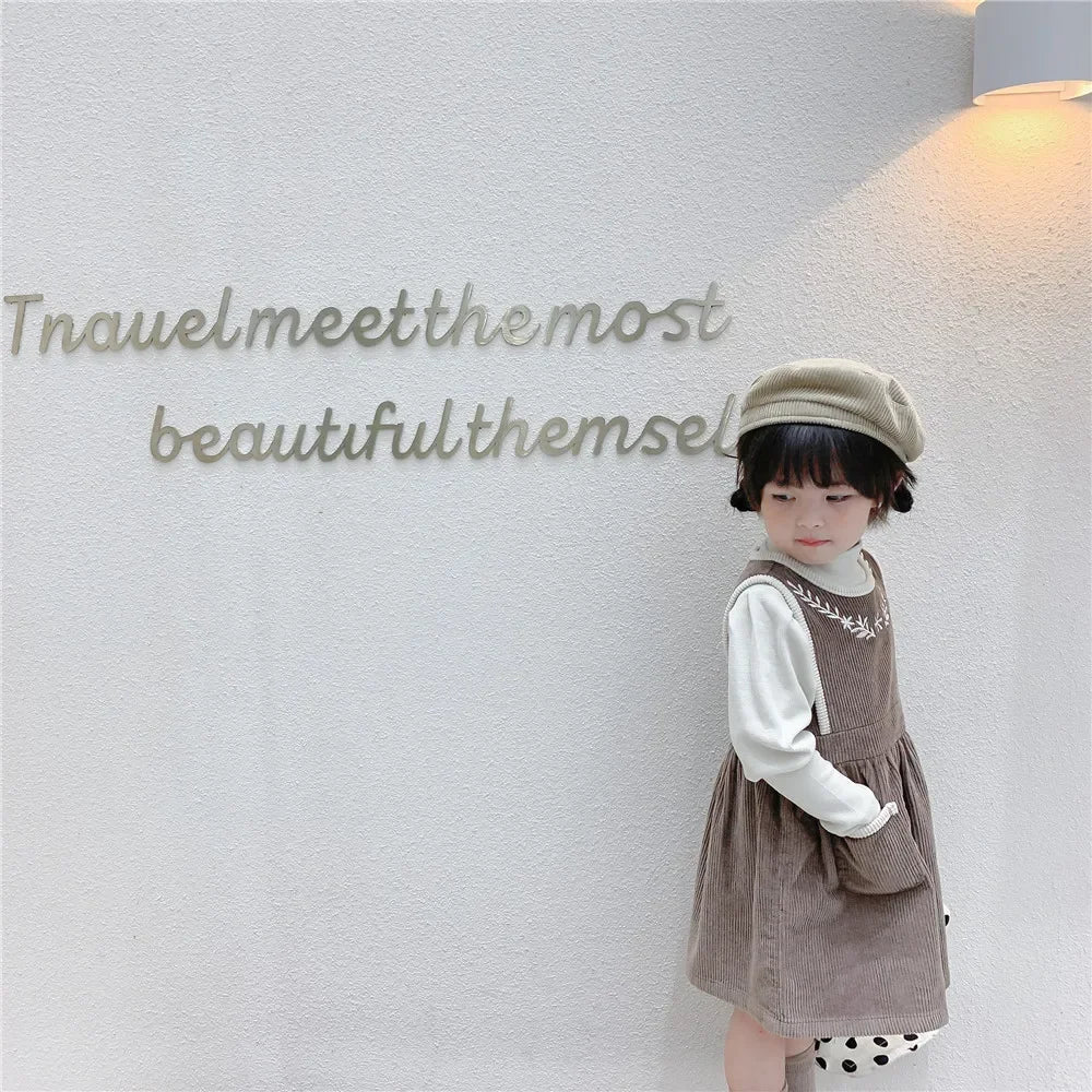 2025 Vinatge Baby Corduroy Sleeveless Dress Little Girls Sundress and Long Sleeve Tops Autumn Winter  Two Piece Set Children