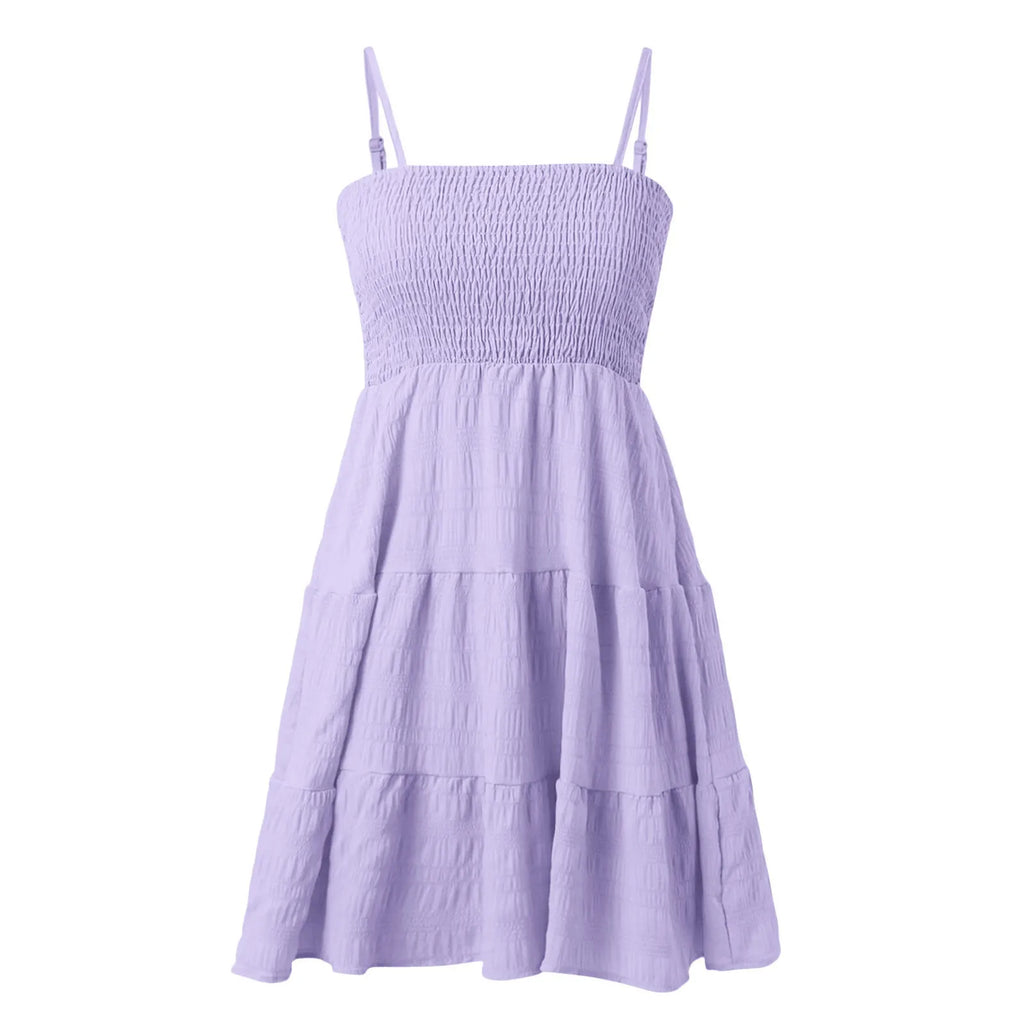 Bohemian Beach Sundress Women Sexy Sleeveless Backless Big Swing Mini Dress Solid Spaghetti Strap Ruffles Dresses Vestidos
