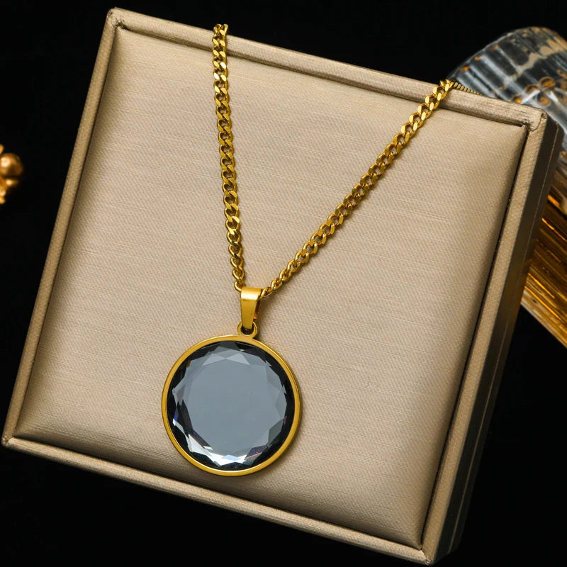 Eilieck 316L Stainless Steel Round Colored Crystal Pendant Necklace For Women'S New Trend Choker Clavicle Chain Jewelry