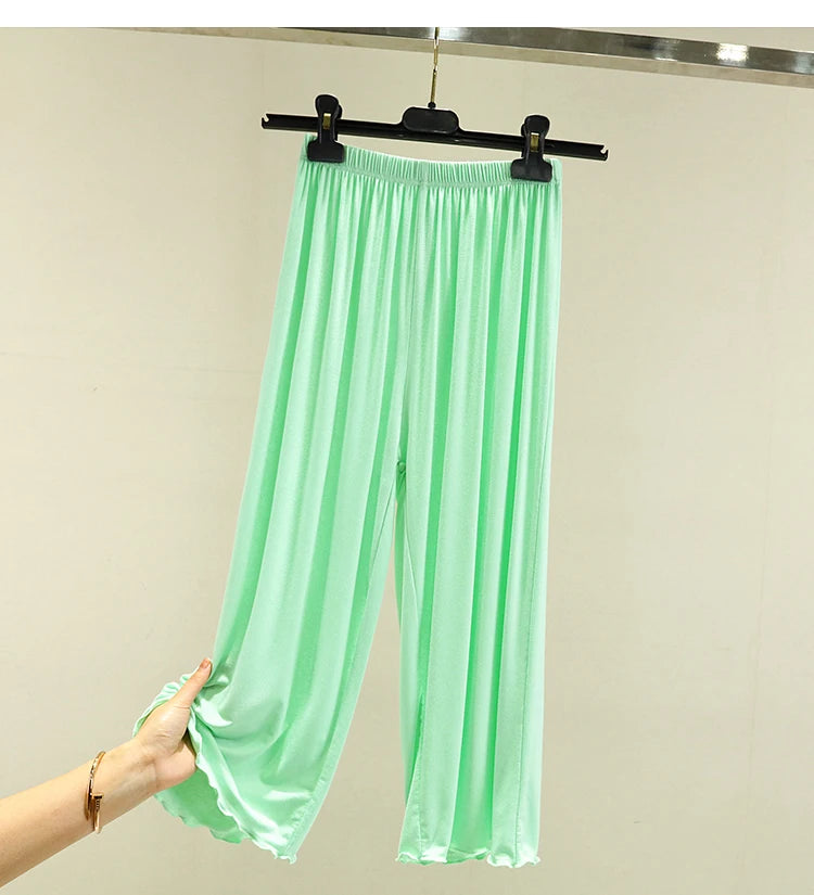Modal Ice Silk Wide Leg Pants Women's Summer Thin Sleepwear Large Size Casual High Waist Straight Cut Shorts Lengthened Pants