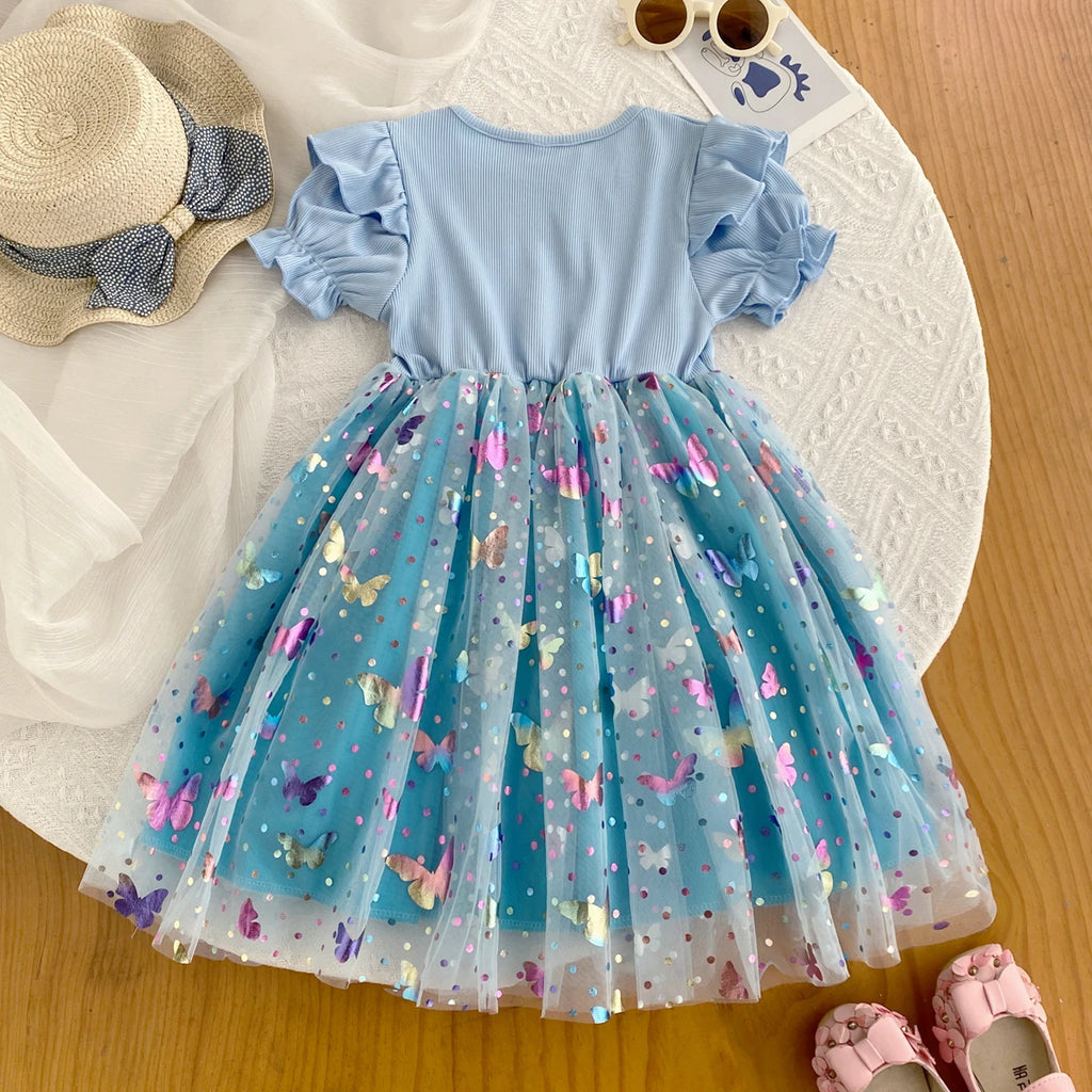 Round Neck Princess Dress Summer Knitted Patchwork Colored Butterfly Mesh Bubble Seeve Dress Girls Clothes