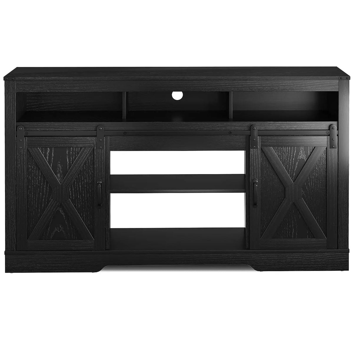 Black Farmhouse TV Stand with Sliding Bar Door & 23" Electric Fireplace with Remote for 65+ Inch TV Living Room, Customized