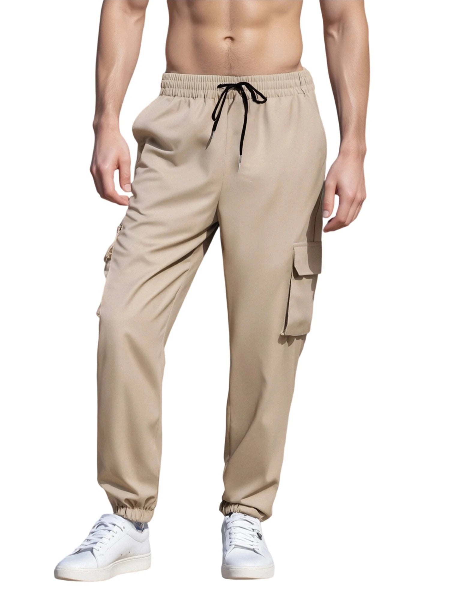 Men Cargo Pants, Elastic Waist Solid Casual Pants Trousers Streetwear with Pockets