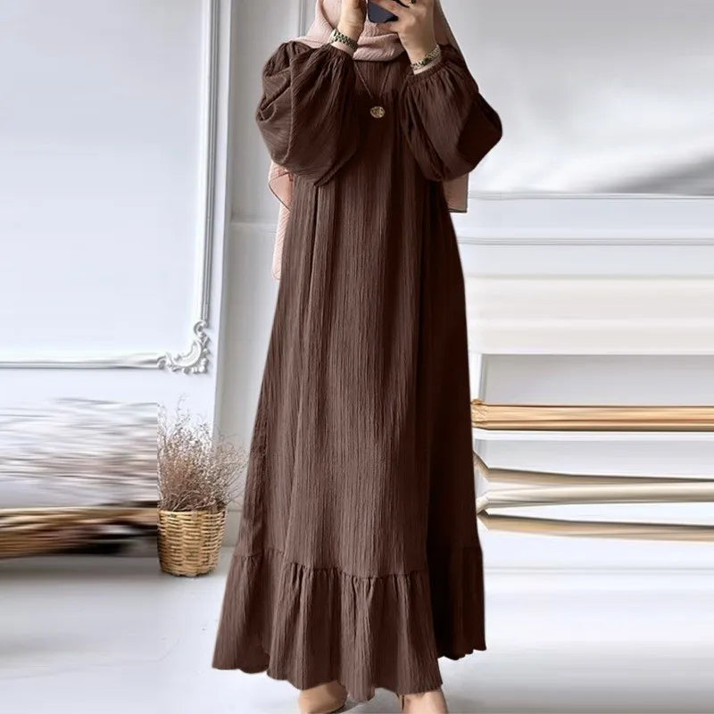Women’s Spring-Summer Textured Long Sleeve Maxi Dress Round Neck, Ruffle Hem, Loose Fit, Casual Boho Style, Vacation Beach Wear