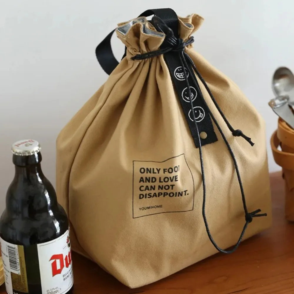 Bolsa de Picnic Portátil de Lona, Diseño con Cordón para Mantener Fresco, Bolsa Térmica Aislada para el Almuerzo Escolar