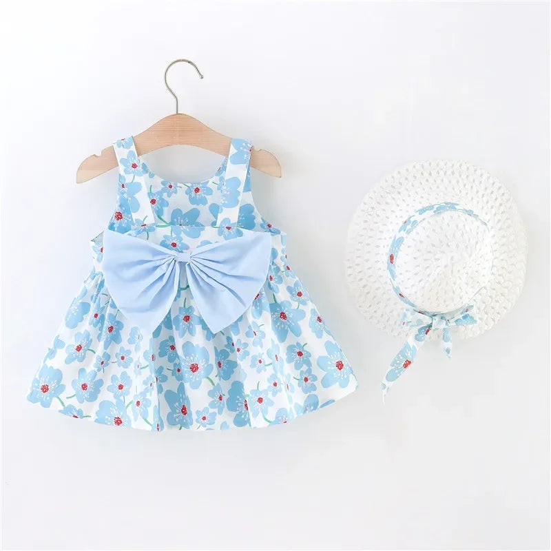 Baby Girl Floral A-Line Dress with Bow and Hat - Summer Sleeveless